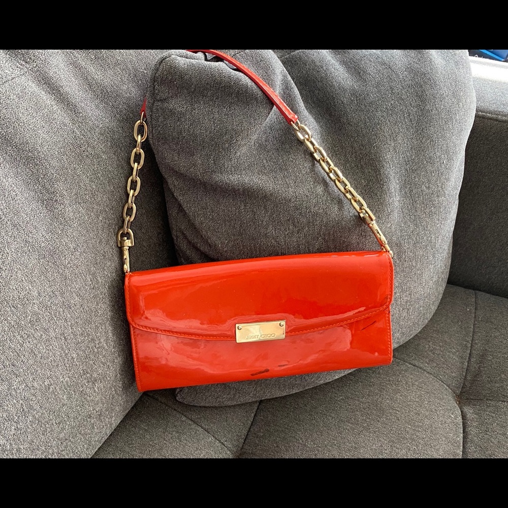 Jimmy Choo Riane Raspberry Patent Clutch Purse Bag red orange ❤️